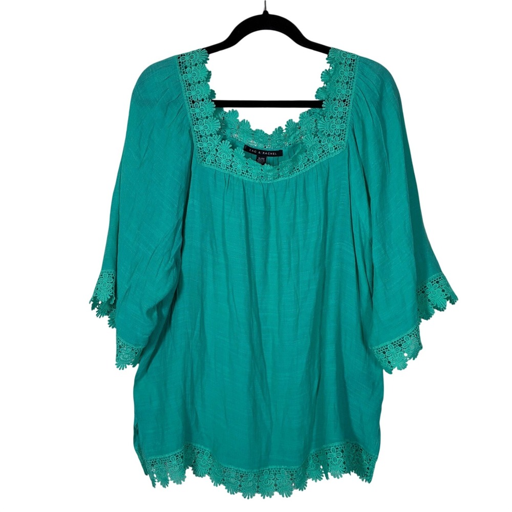 Zac & Rachel Teal Crochet Lace Trim Peasant Blouse XL Square Neck‎ Boho Top